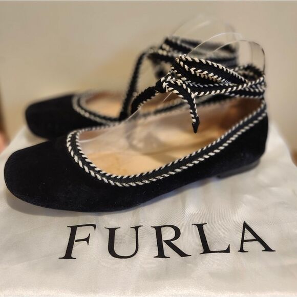 Furla "Bouganville" Blak Suede Laceup Ballet Flats Sz.7.5/38.5 Ret$295 w/Dustbag - Picture 1 of 16